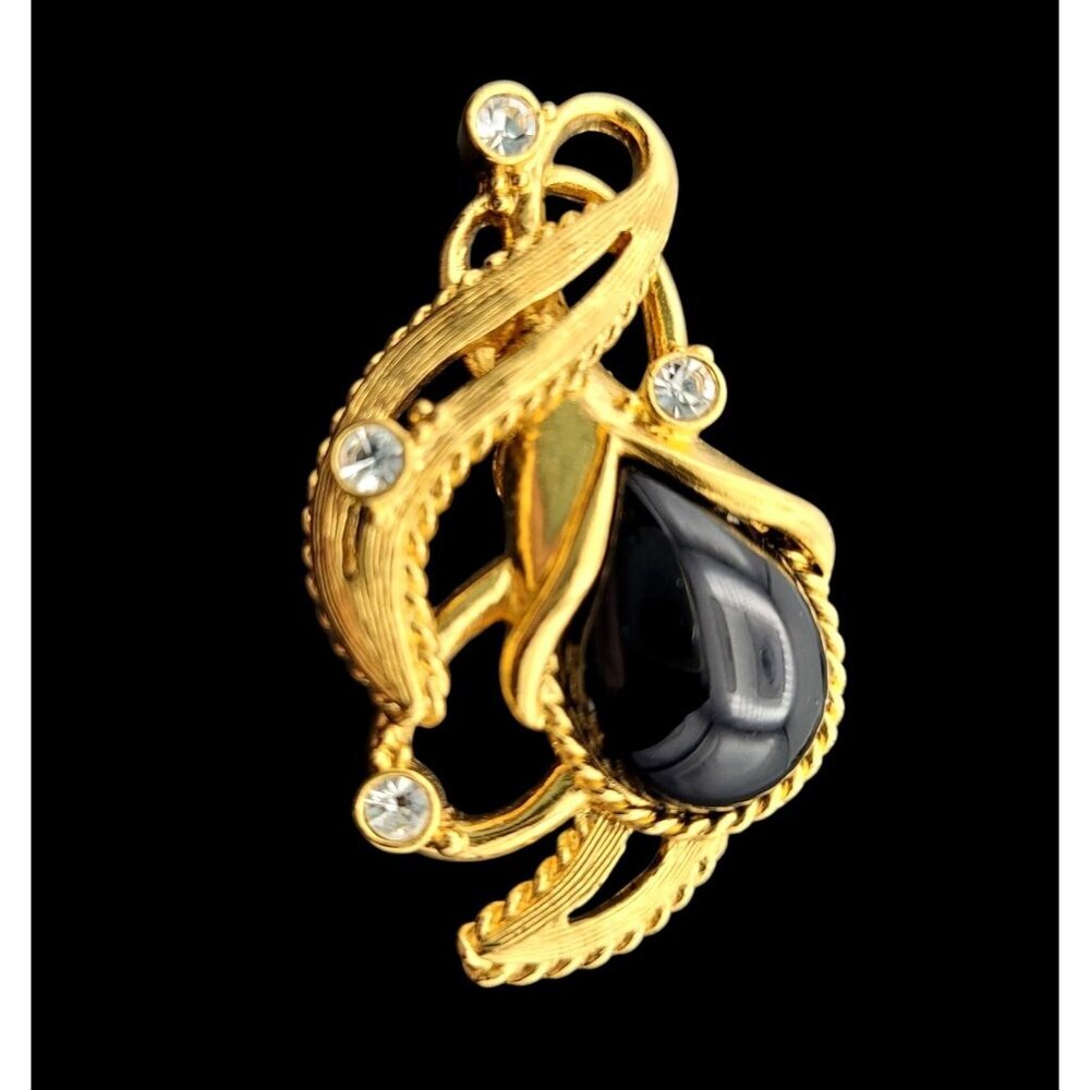 VTG Barrera for Avon Clip-On Earrings Goldtone Black Lucite Stones Rhinestones - Picture 3 of 7